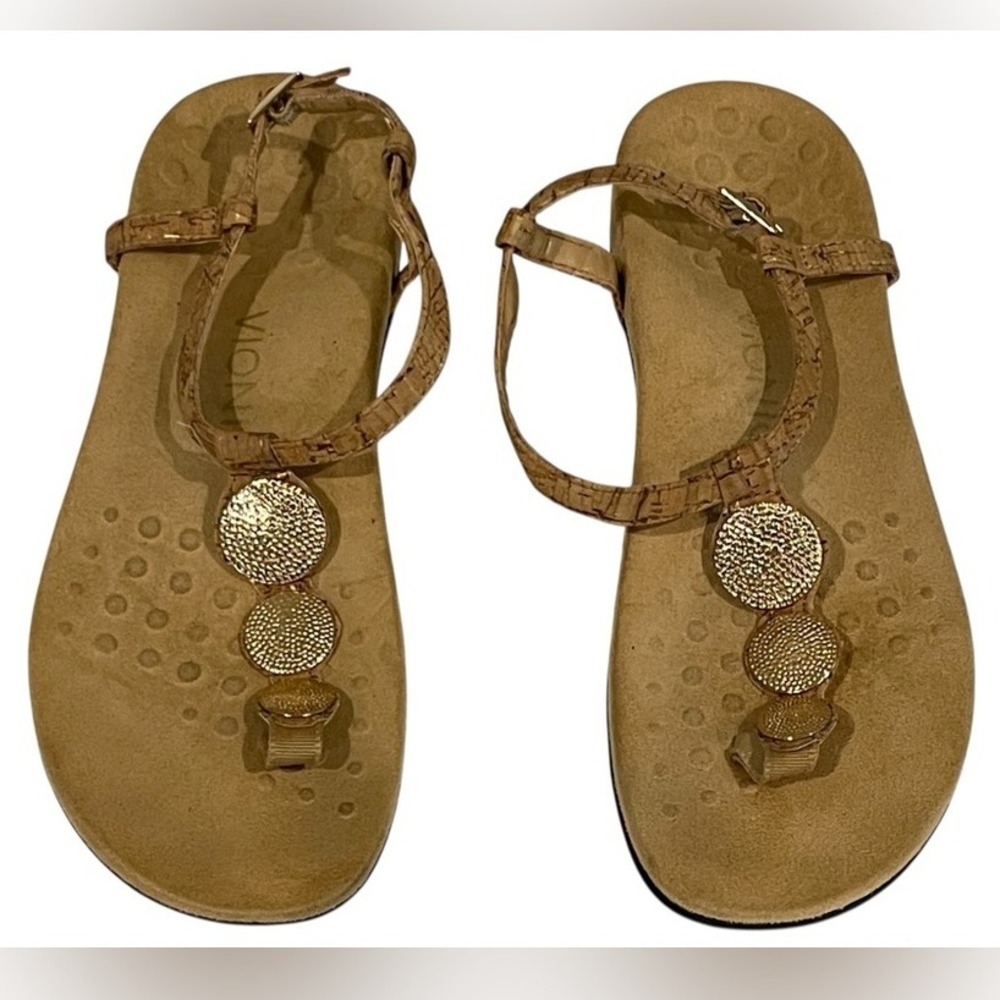 Vionic Orthaheel Lizbeth Gold Medallion Cork T Strap‎ Sandals  Women's *READ*